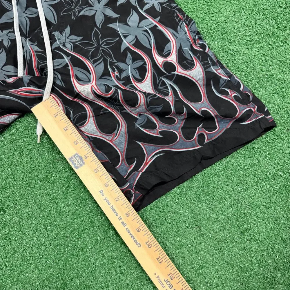 J Khaki Y2K Flame Tribal Board Shorts Black Gray Red Surf Skate Swim Shorts